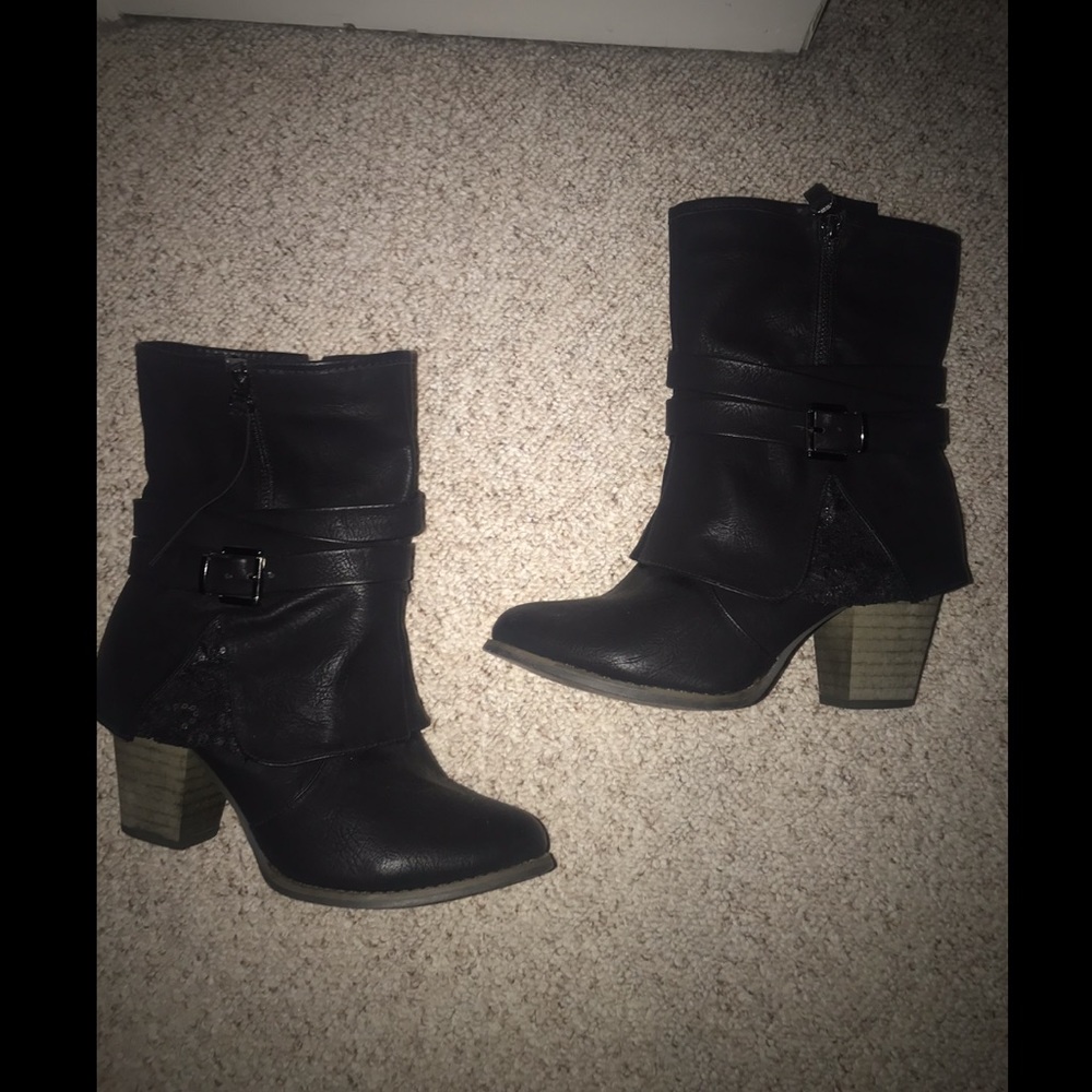 Black leather, sequin ankle boots